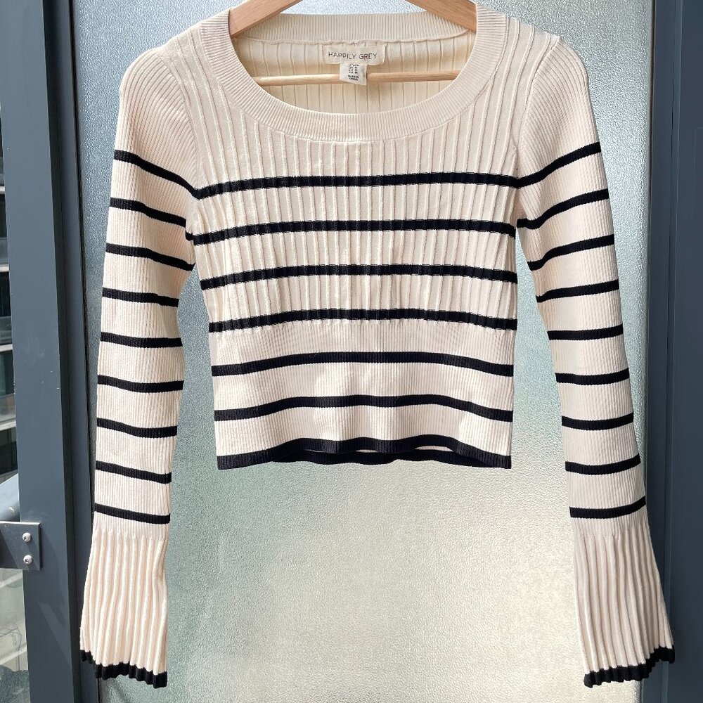 WOMEN'S RIBBED BLACK AND LIGHT CREAM STRIPED LONG BELL SLEEVE TOP - HAPPILY GREY